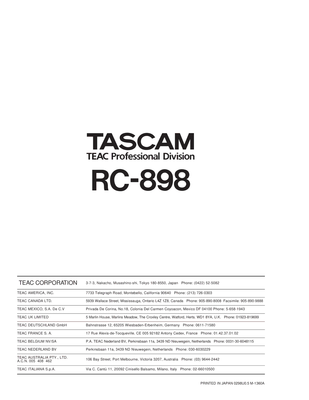 Tascam RC-898 owner manual 