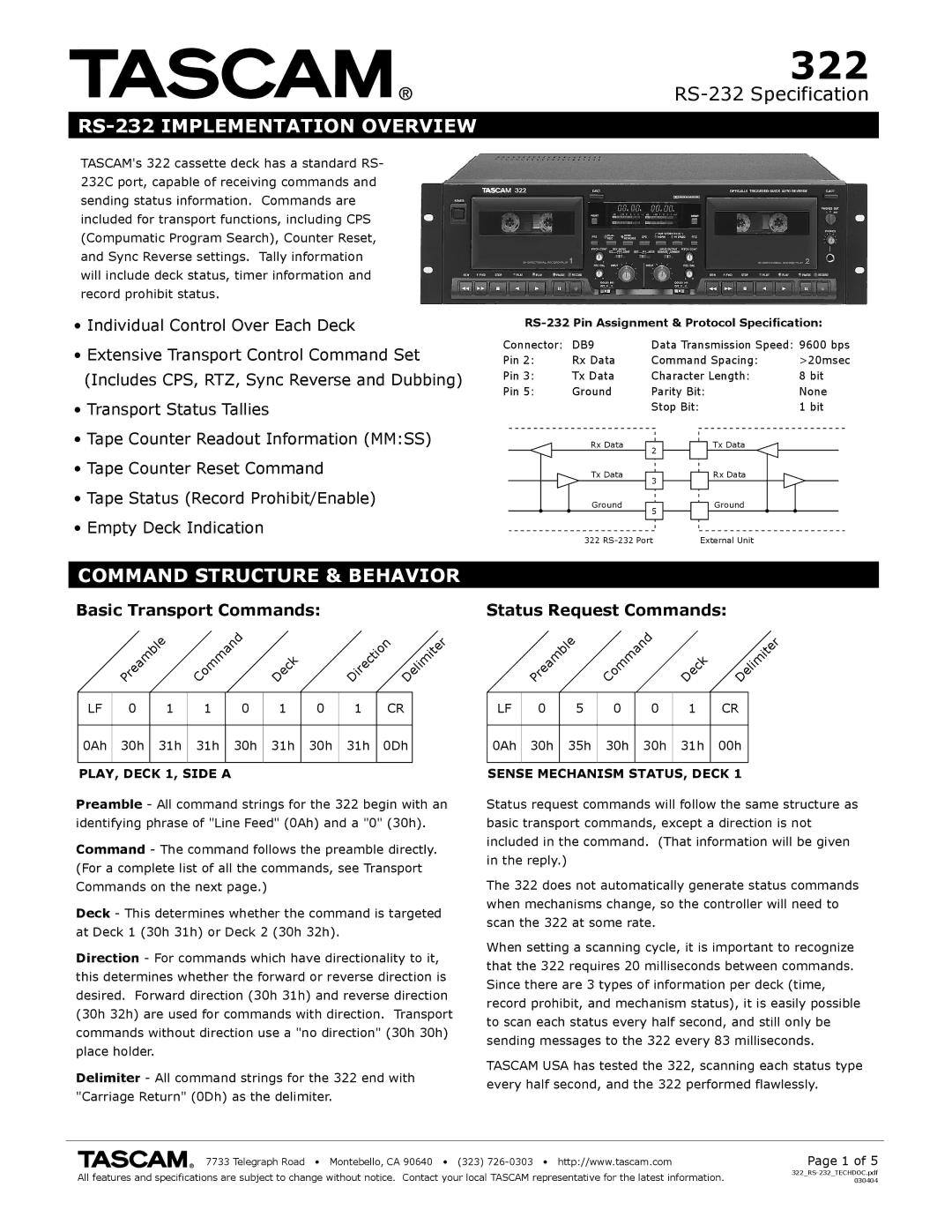 Tascam specifications RS-232 Implementation Overview, Command Structure & Behavior, Basic Transport Commands 