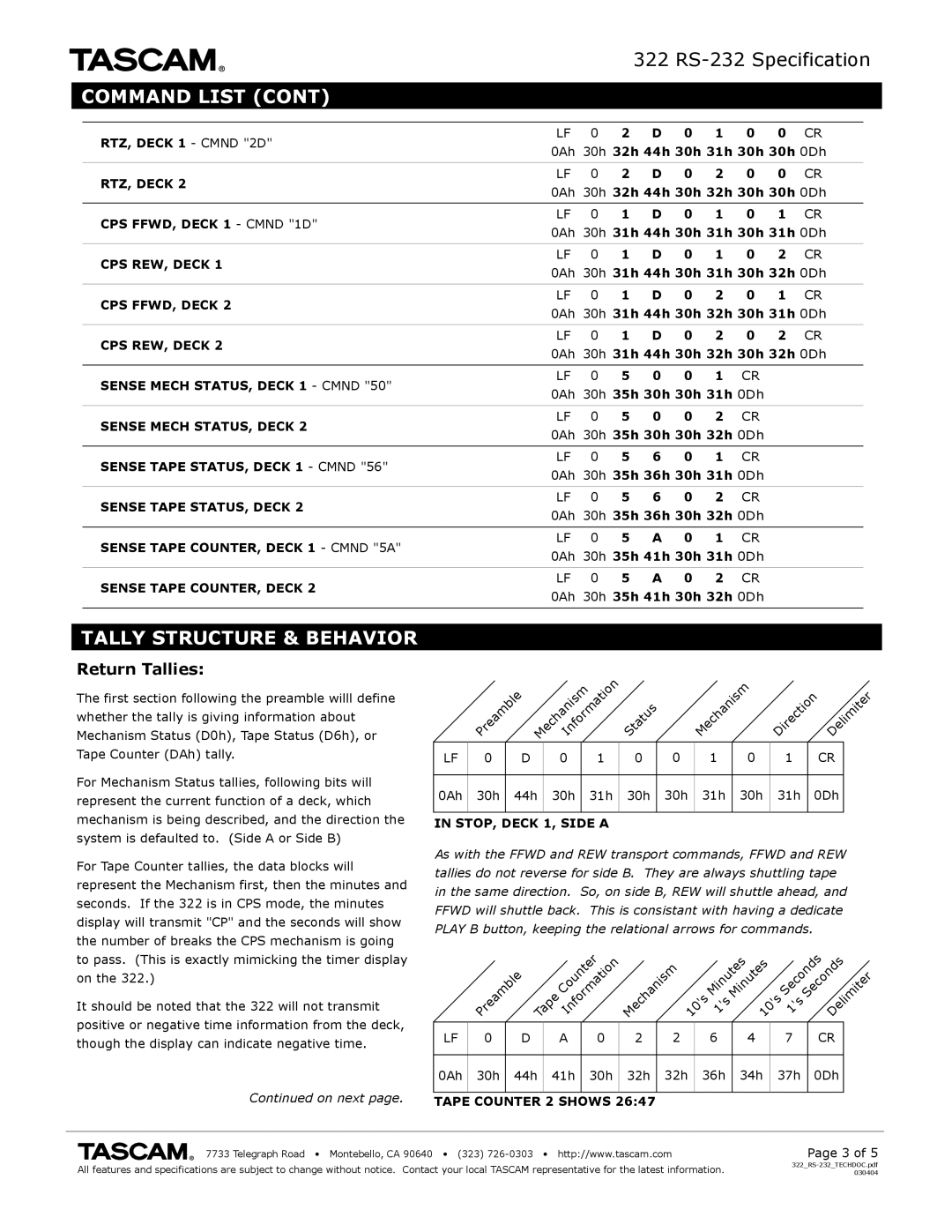 Tascam RS-232 specifications Tally Structure & Behavior, Return Tallies 