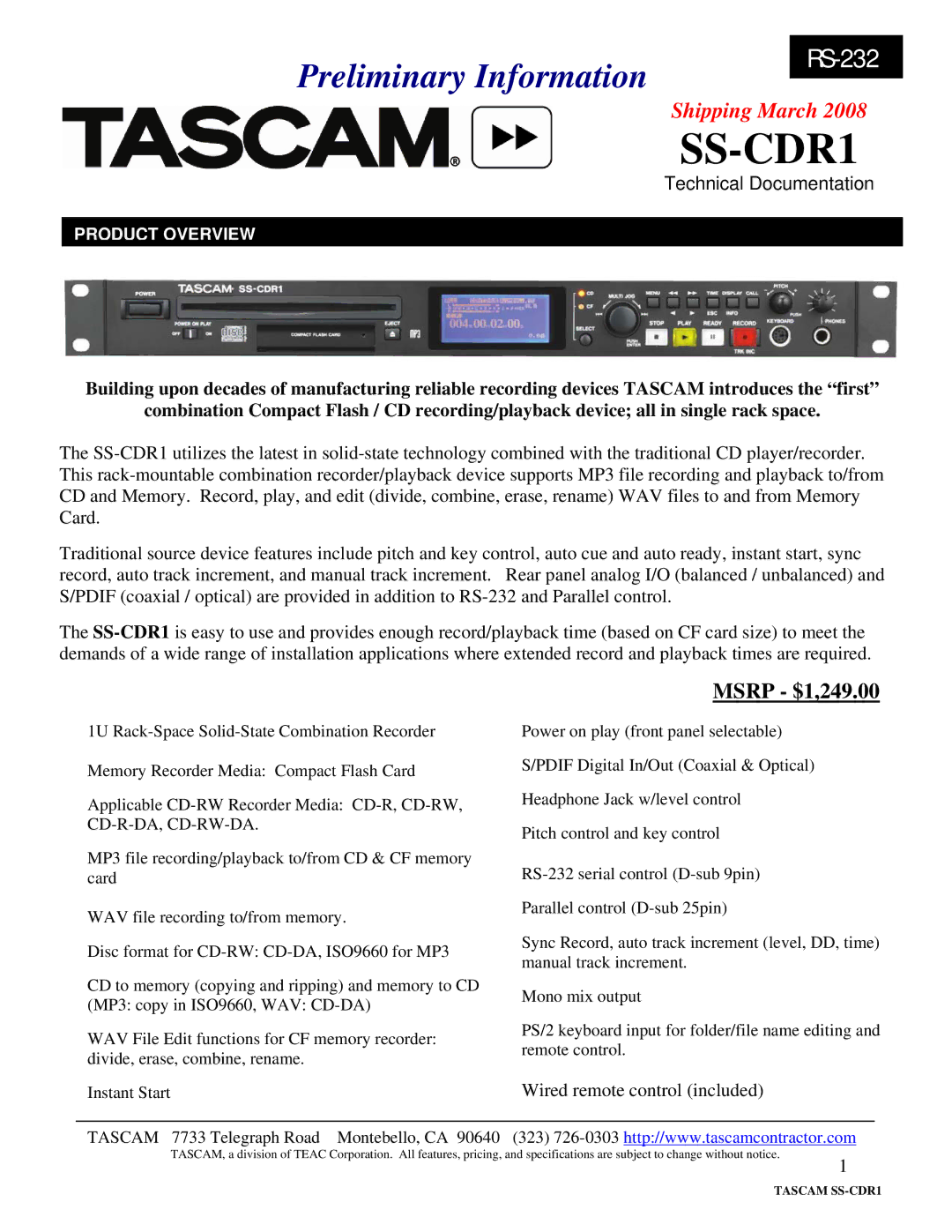 Tascam SS-CDR1 specifications Msrp $1,249.00, Wired remote control included, Product Overview 