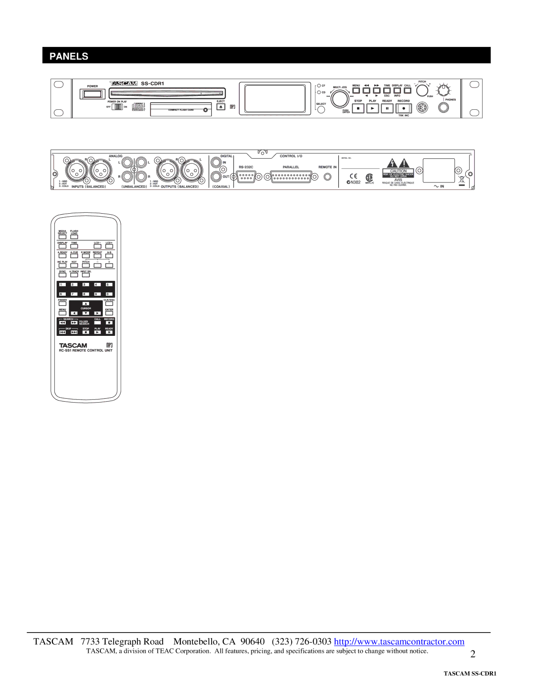 Tascam SS-CDR1 specifications Panels 