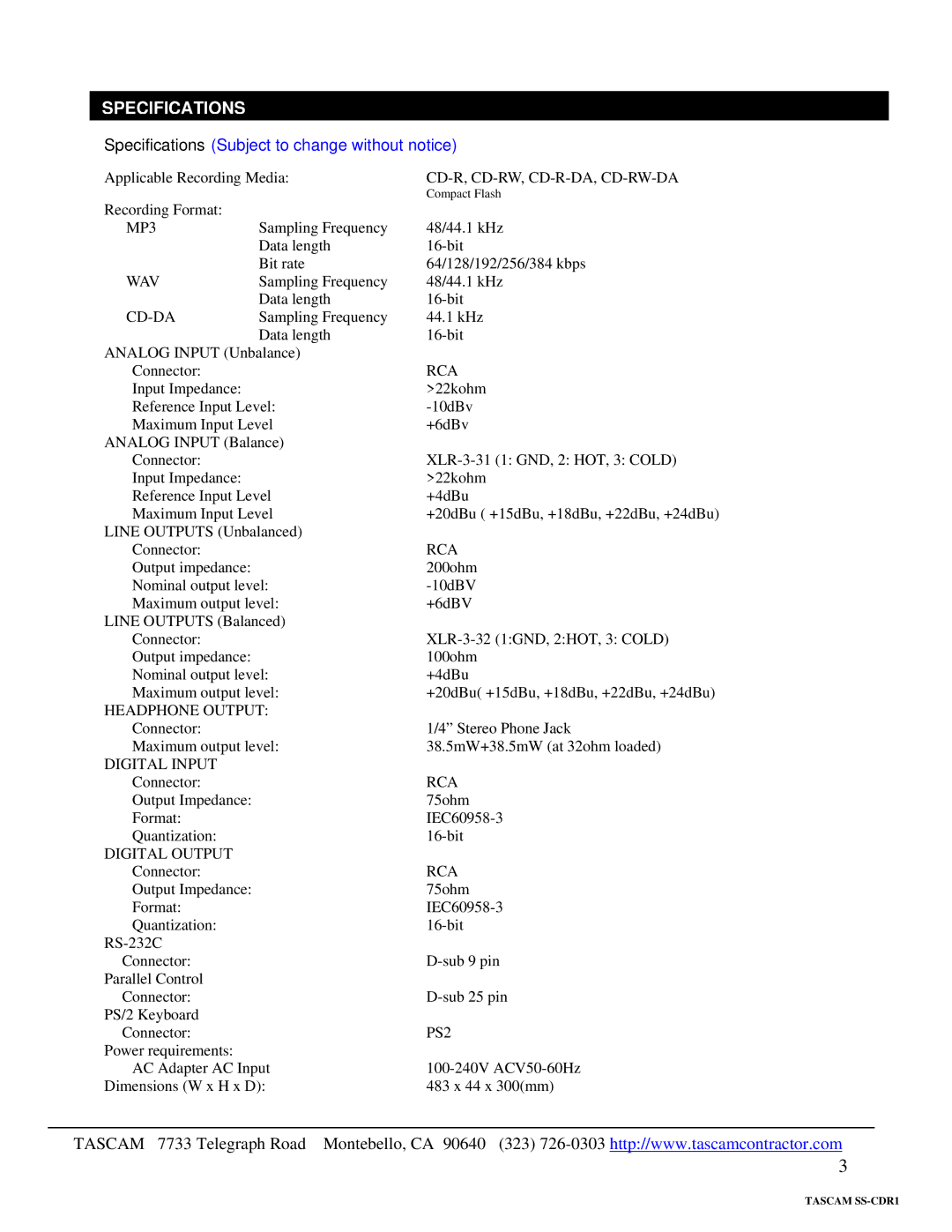 Tascam SS-CDR1 specifications Specifications, Subject to change without notice 