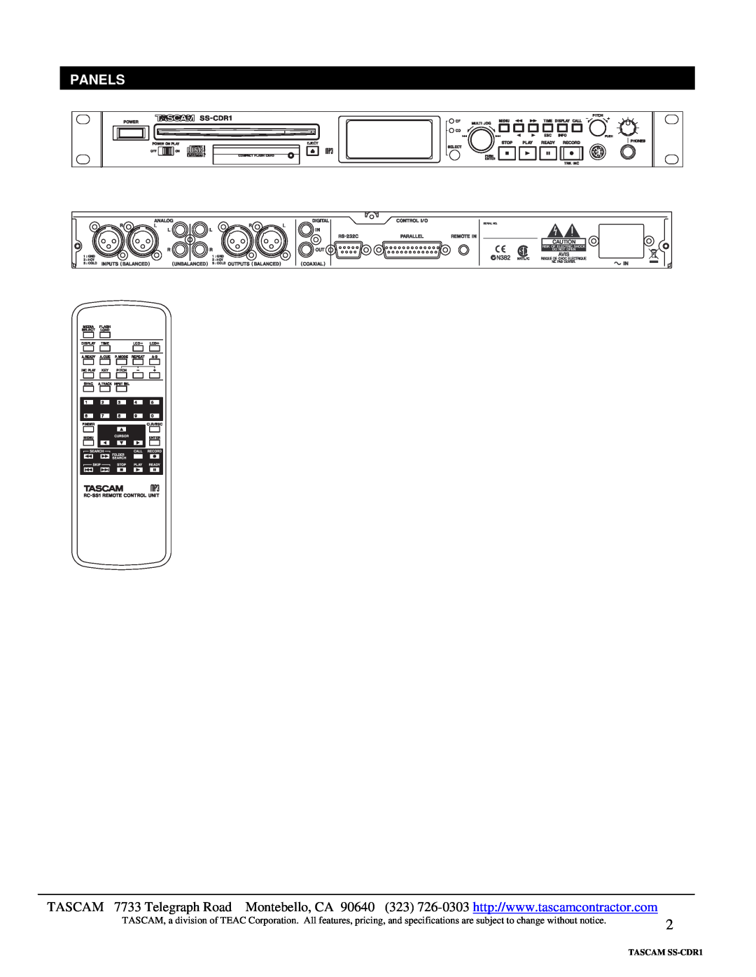 Tascam specifications Panels, TASCAM SS-CDR1 