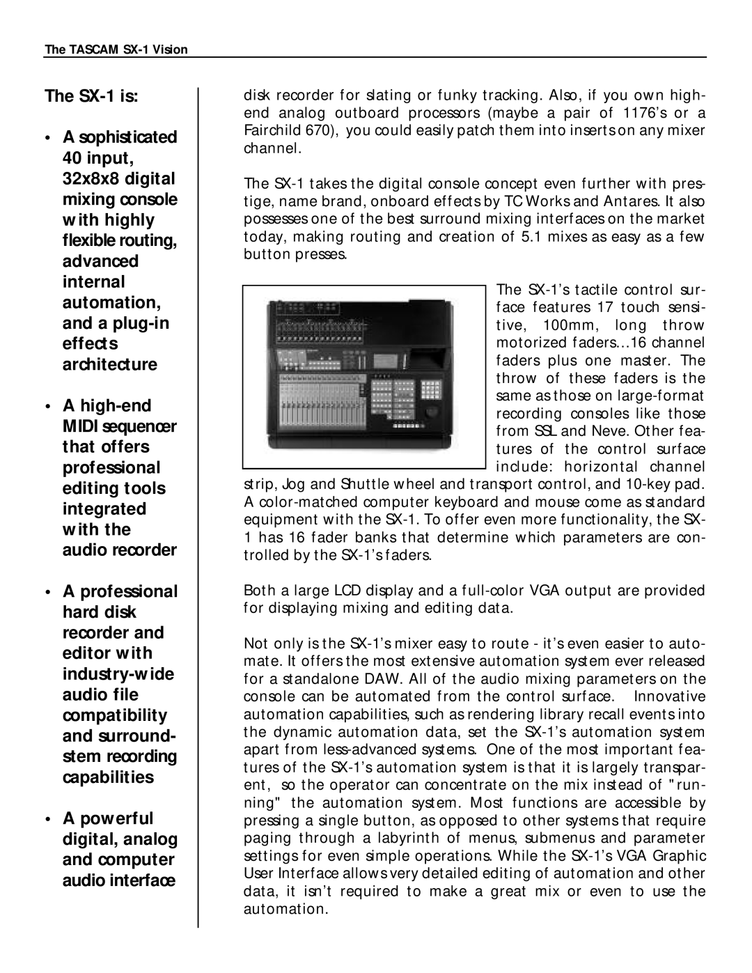 Tascam manual SX-1 is, Powerful digital, analog and computer audio interface 