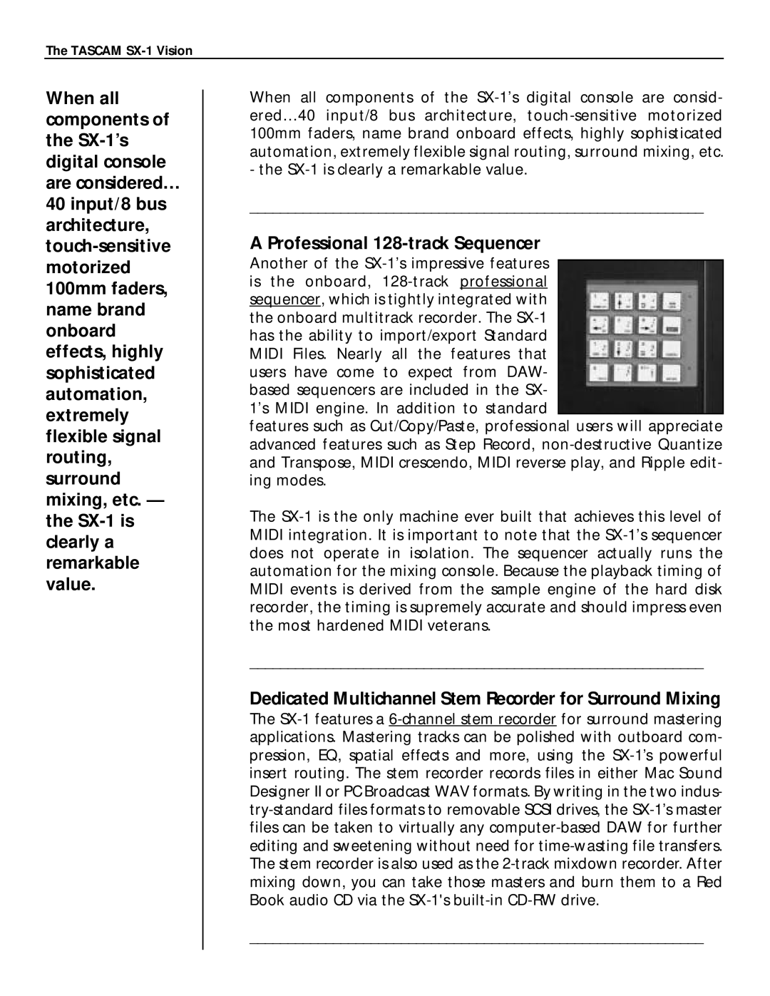 Tascam SX-1 manual Professional 128-track Sequencer, Dedicated Multichannel Stem Recorder for Surround Mixing 