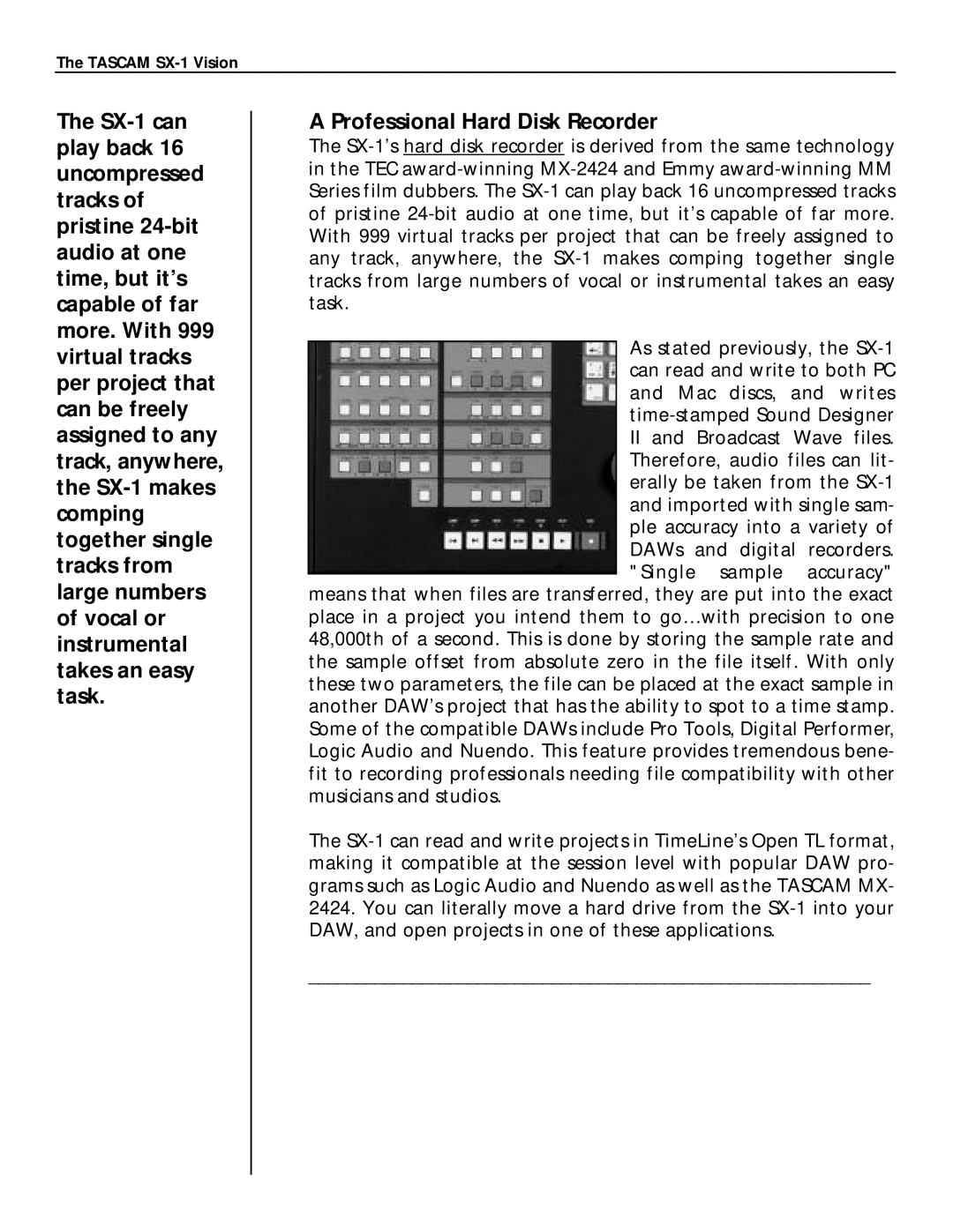 Tascam SX-1 manual Professional Hard Disk Recorder 