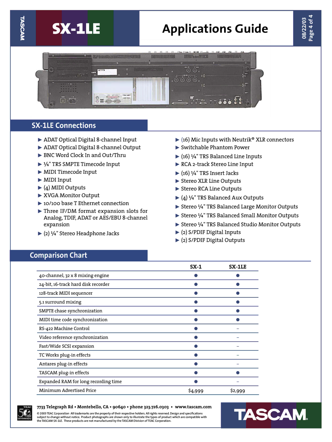 Tascam dimensions SX-1LE Connections, Comparison Chart 