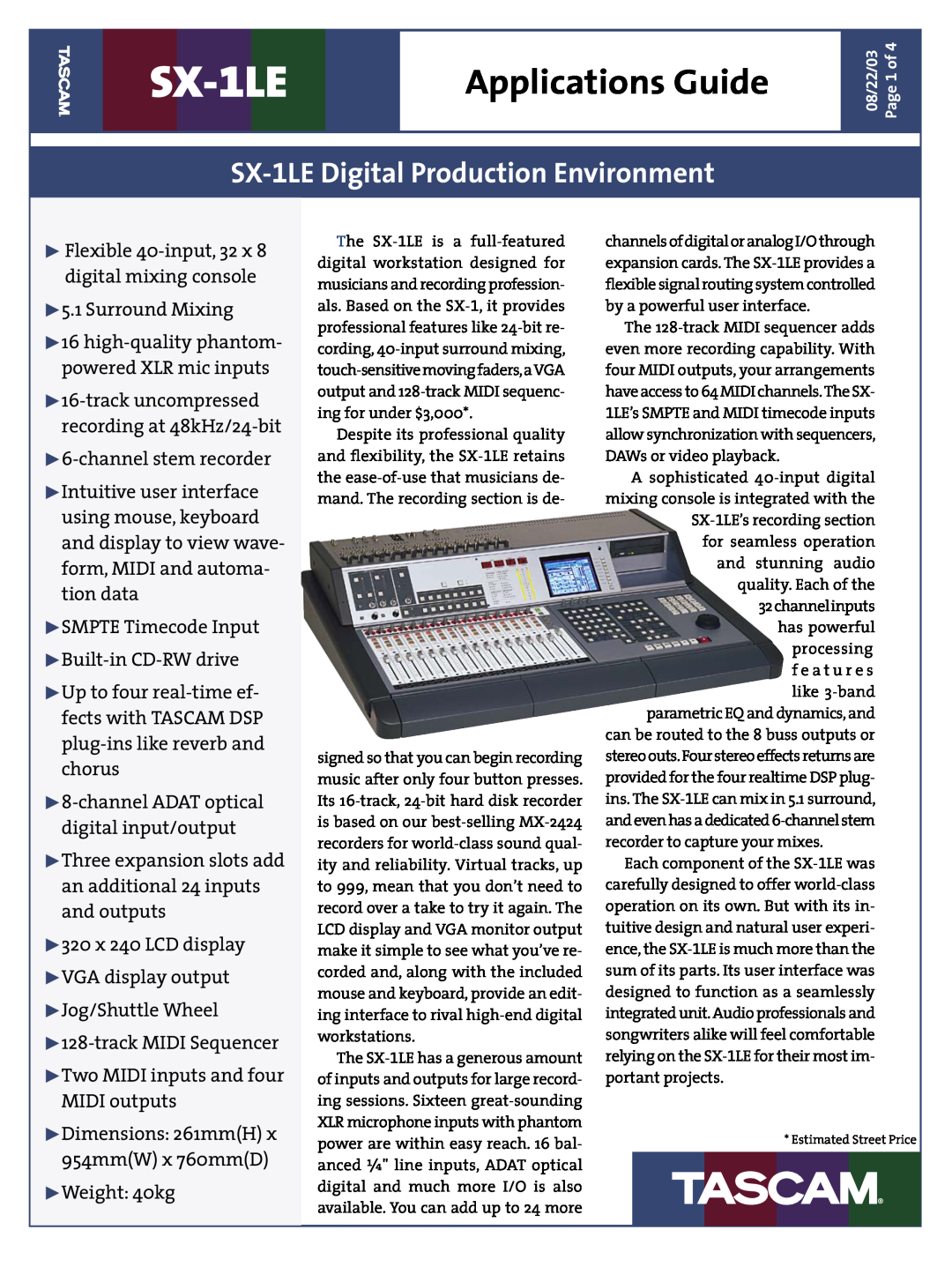 Tascam dimensions Applications Guide, SX-1LEDigital Production Environment 