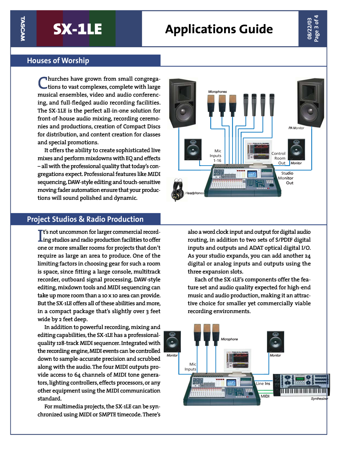 Tascam SX-1LE dimensions Houses of Worship, Project Studios & Radio Production, Applications Guide 