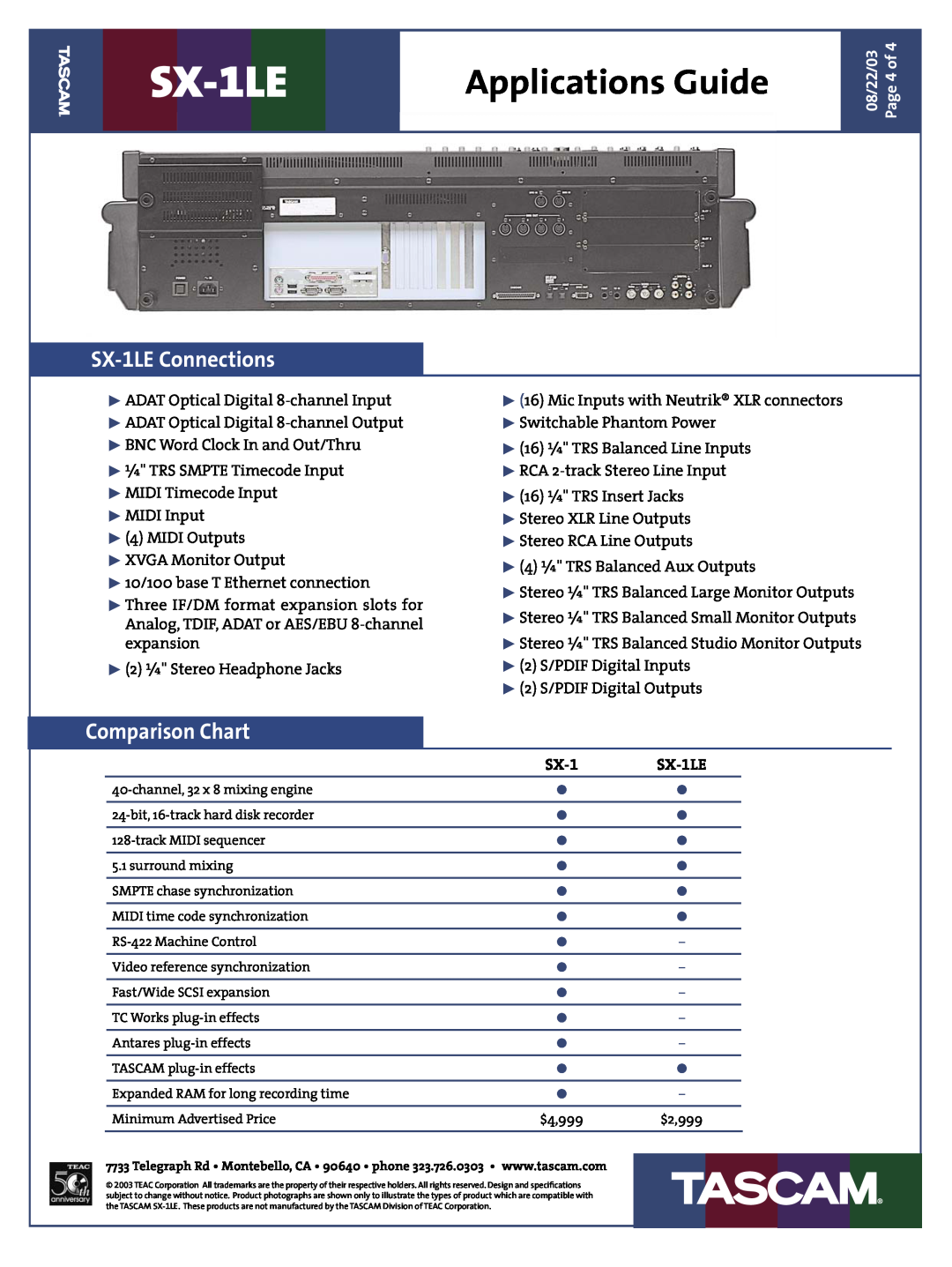 Tascam dimensions SX-1LEConnections, Comparison Chart, Applications Guide, 08/22/03, Page4 of 