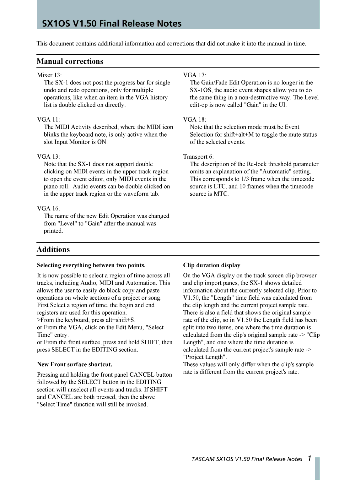 Tascam SX1OS manual Manual corrections, Additions, Selecting everything between two points, New Front surface shortcut 