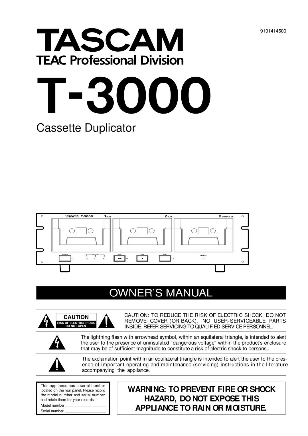 Tascam T-3000 owner manual HAZARD, do not Expose this Appliance to Rain or Moisture 