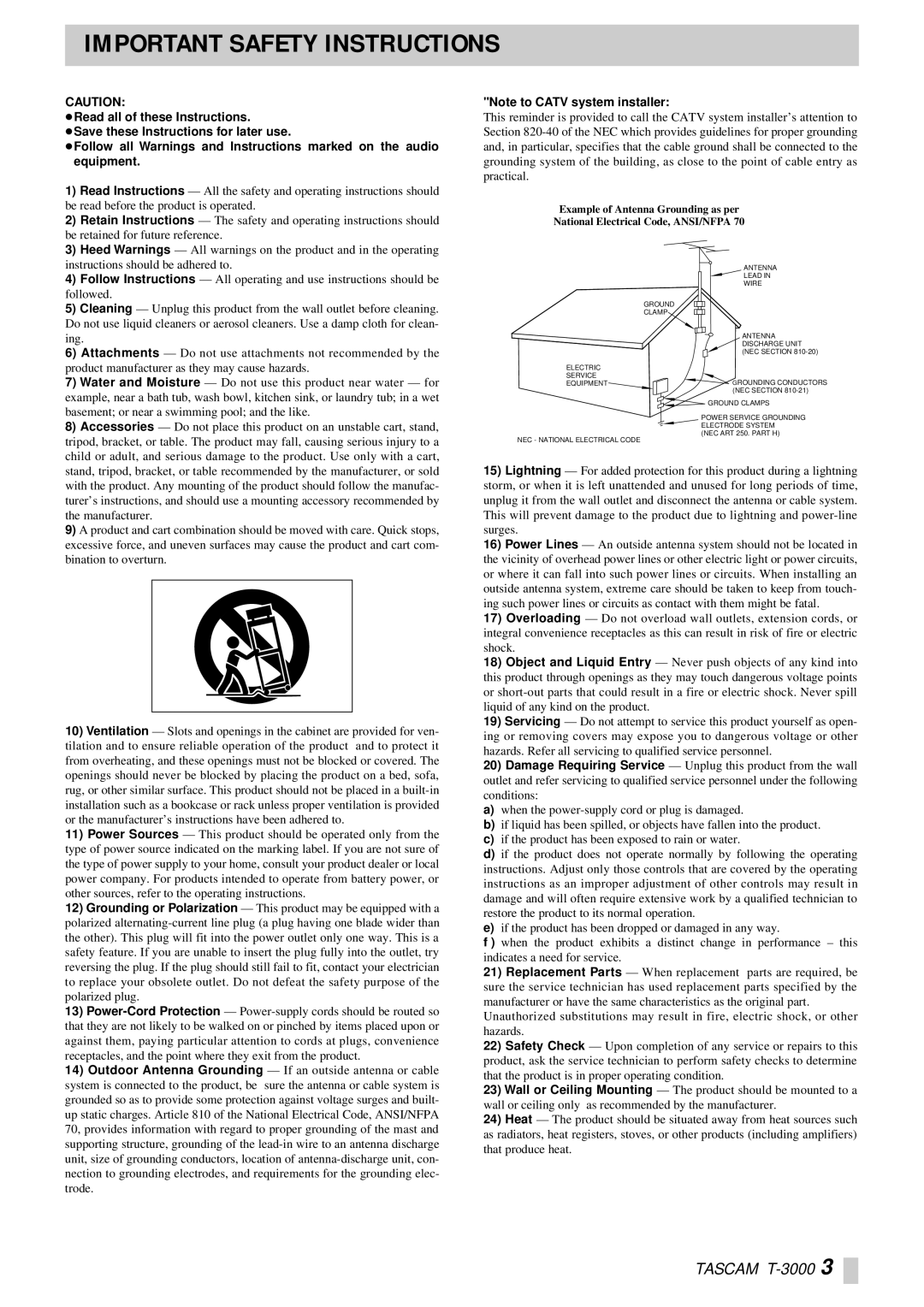 Tascam T-3000 owner manual Important Safety Instructions 