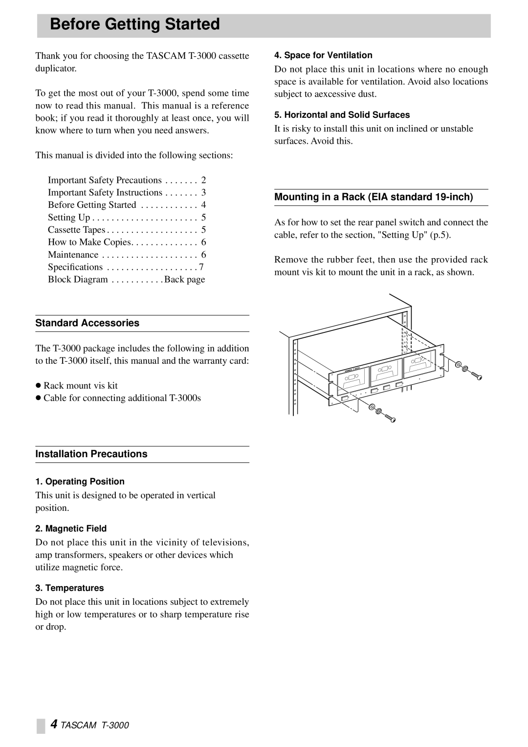 Tascam T-3000 owner manual Before Getting Started, Standard Accessories, Installation Precautions 