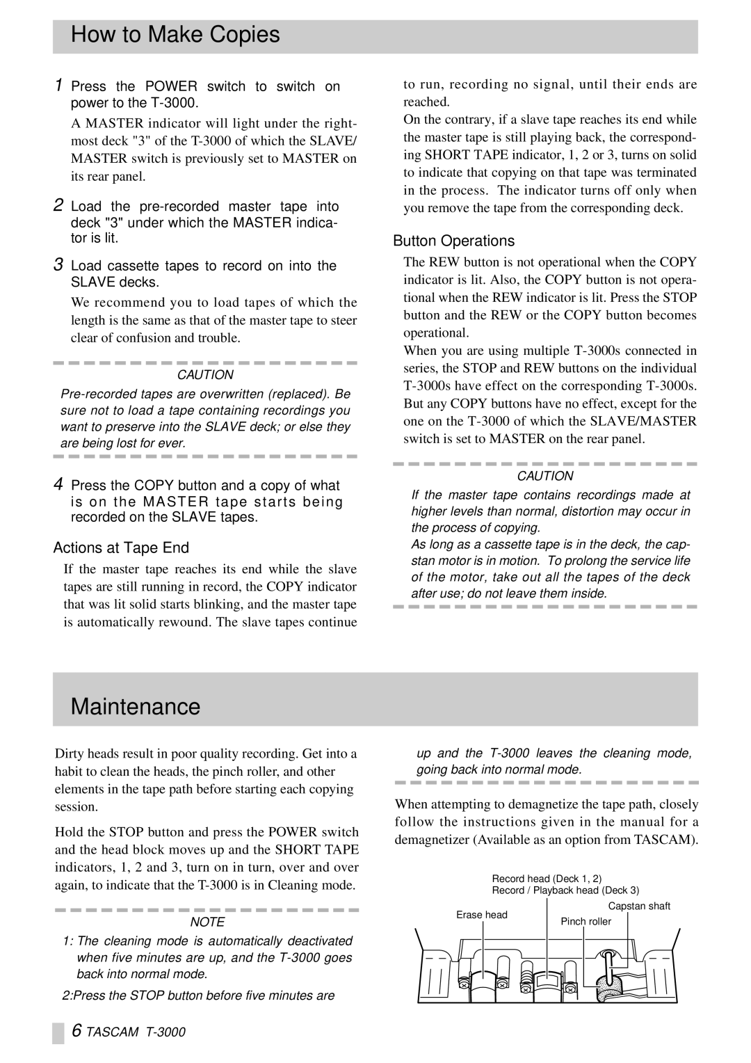 Tascam T-3000 owner manual How to Make Copies, Maintenance, Actions at Tape End, Button Operations 