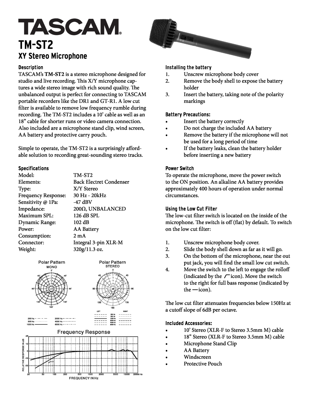 Tascam TM-ST2 specifications XY Stereo Microphone, Description, Speciﬁcations, Installing the battery, Battery Precautions 