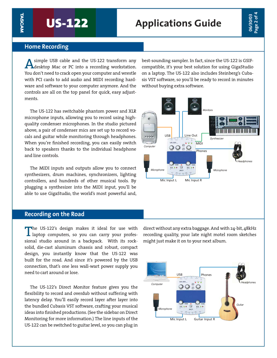 Tascam US-122 dimensions Home Recording, Recording on the Road 