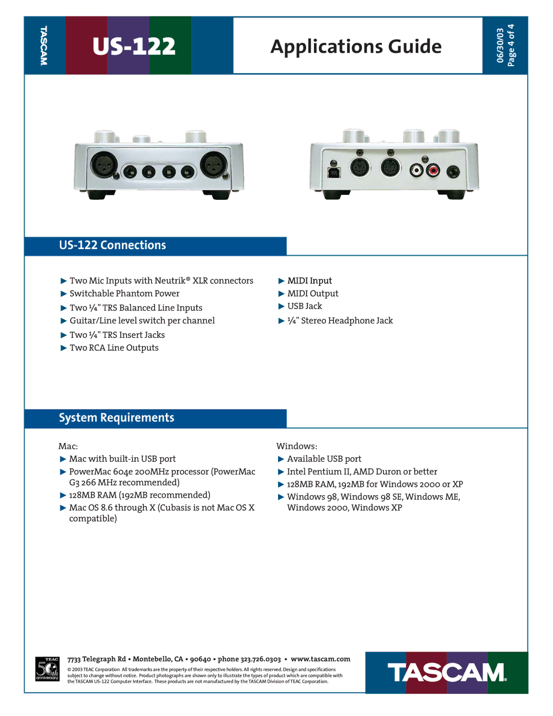 Tascam dimensions US-122 Connections, System Requirements 