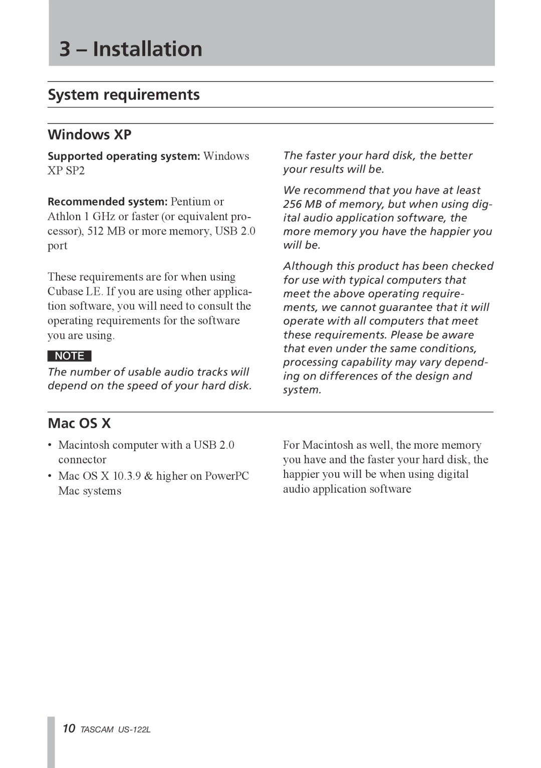 Tascam US-122L owner manual Installation, System requirements, Windows XP, Mac OS 