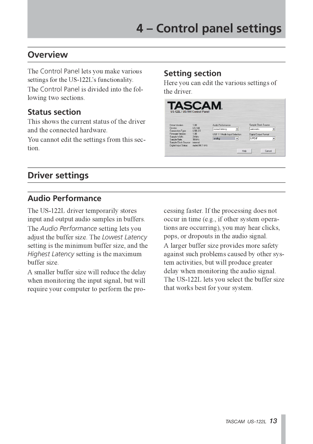 Tascam US-122L owner manual Control panel settings, Driver settings, Status section, Setting section, Audio Performance 