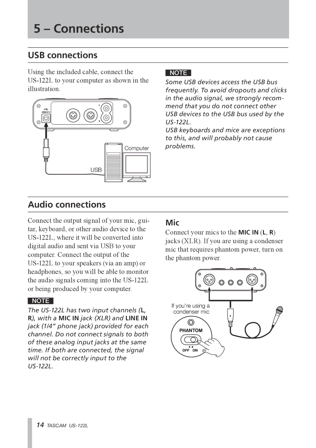 Tascam US-122L owner manual Connections, USB connections, Audio connections, Mic 