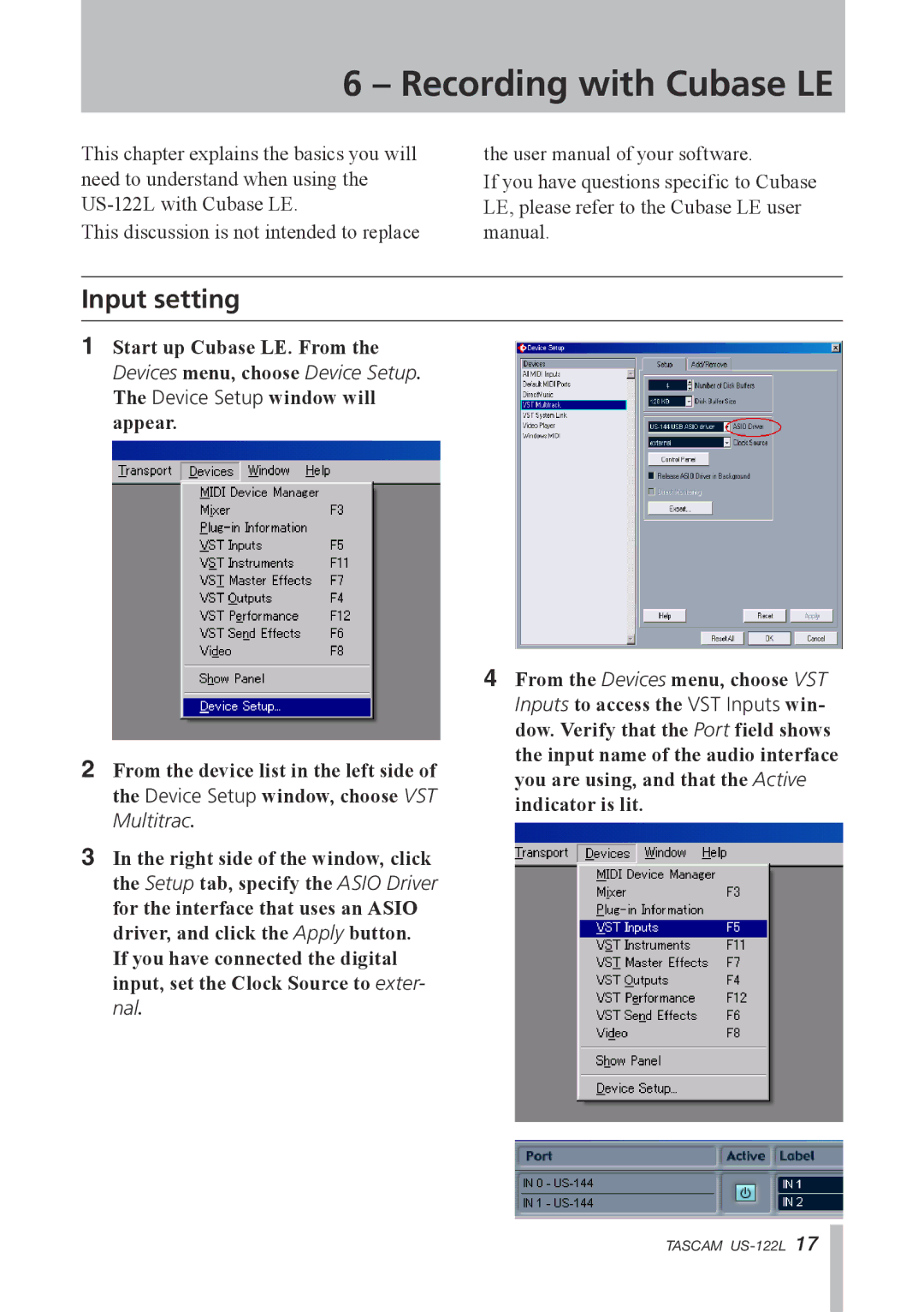 Tascam US-122L owner manual Recording with Cubase LE, Input setting 