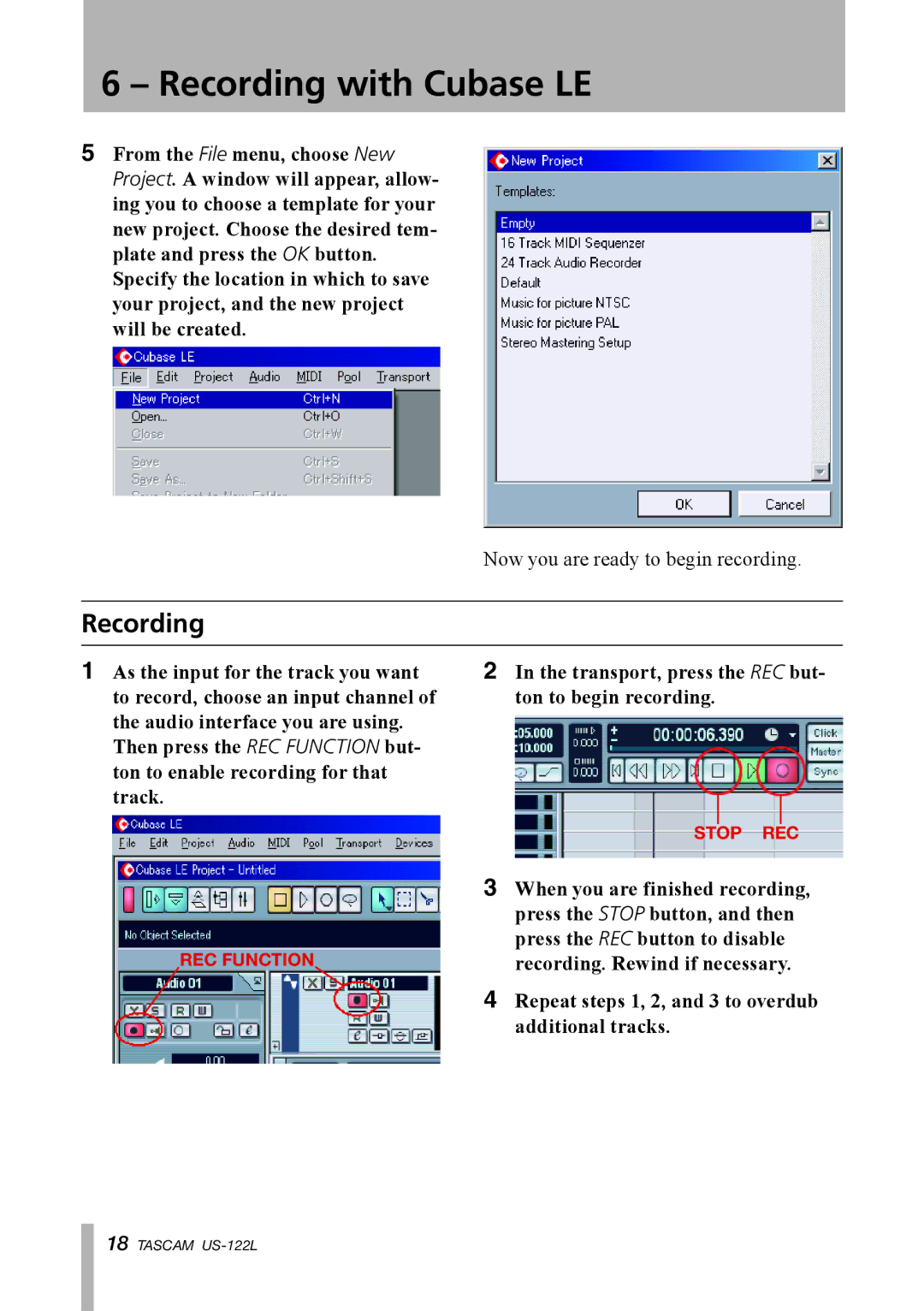 Tascam US-122L owner manual Recording 