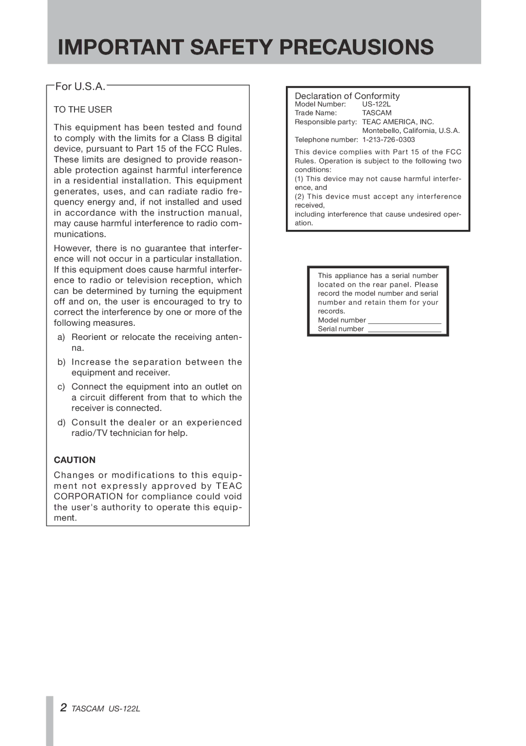 Tascam US-122L owner manual Important Safety Precausions 