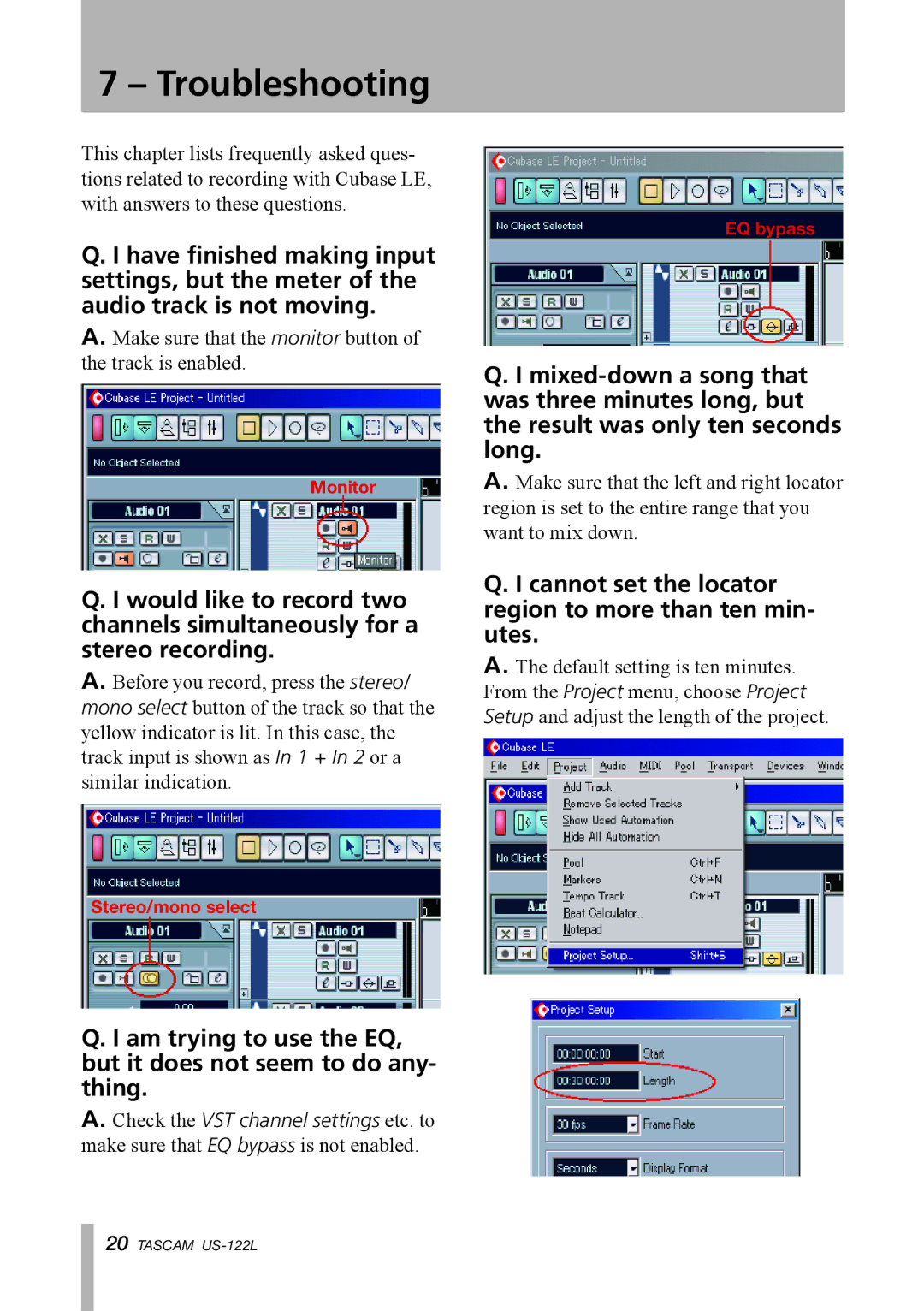 Tascam US-122L owner manual Troubleshooting, Cannot set the locator region to more than ten min- utes 