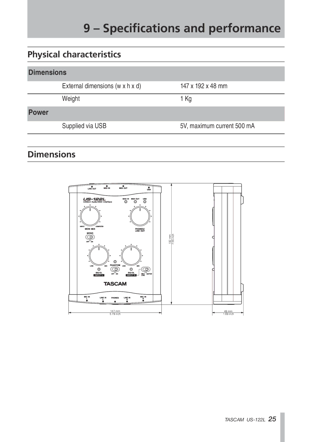 Tascam US-122L owner manual Physical characteristics, Dimensions 