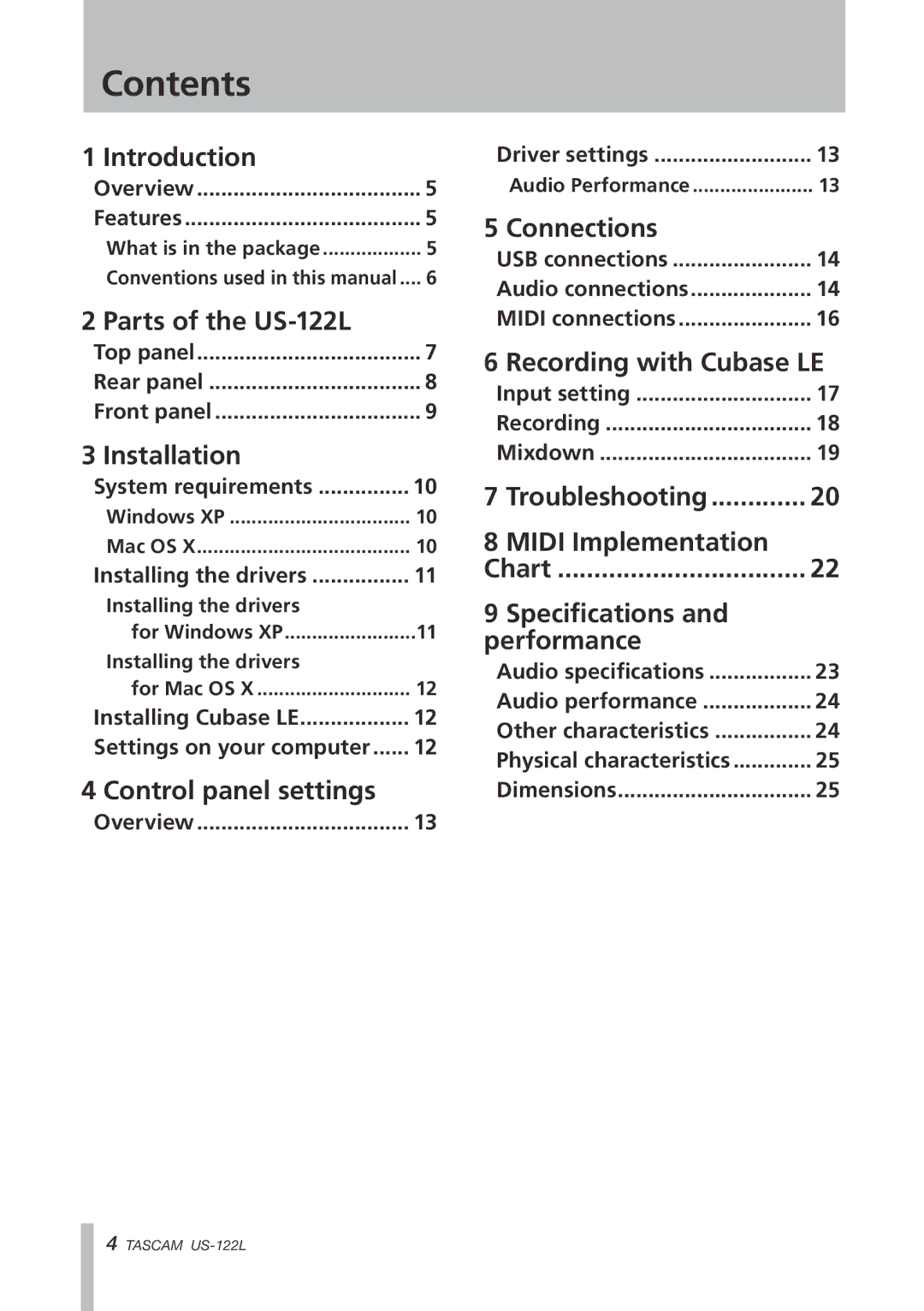 Tascam US-122L owner manual Contents 