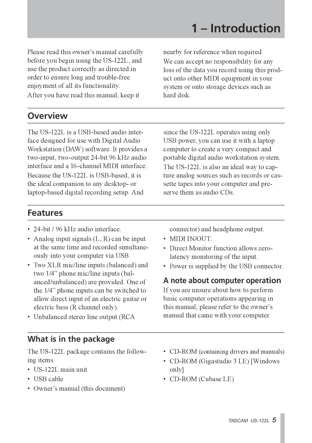 Tascam US-122L owner manual Introduction, Overview, Features, What is in the package 