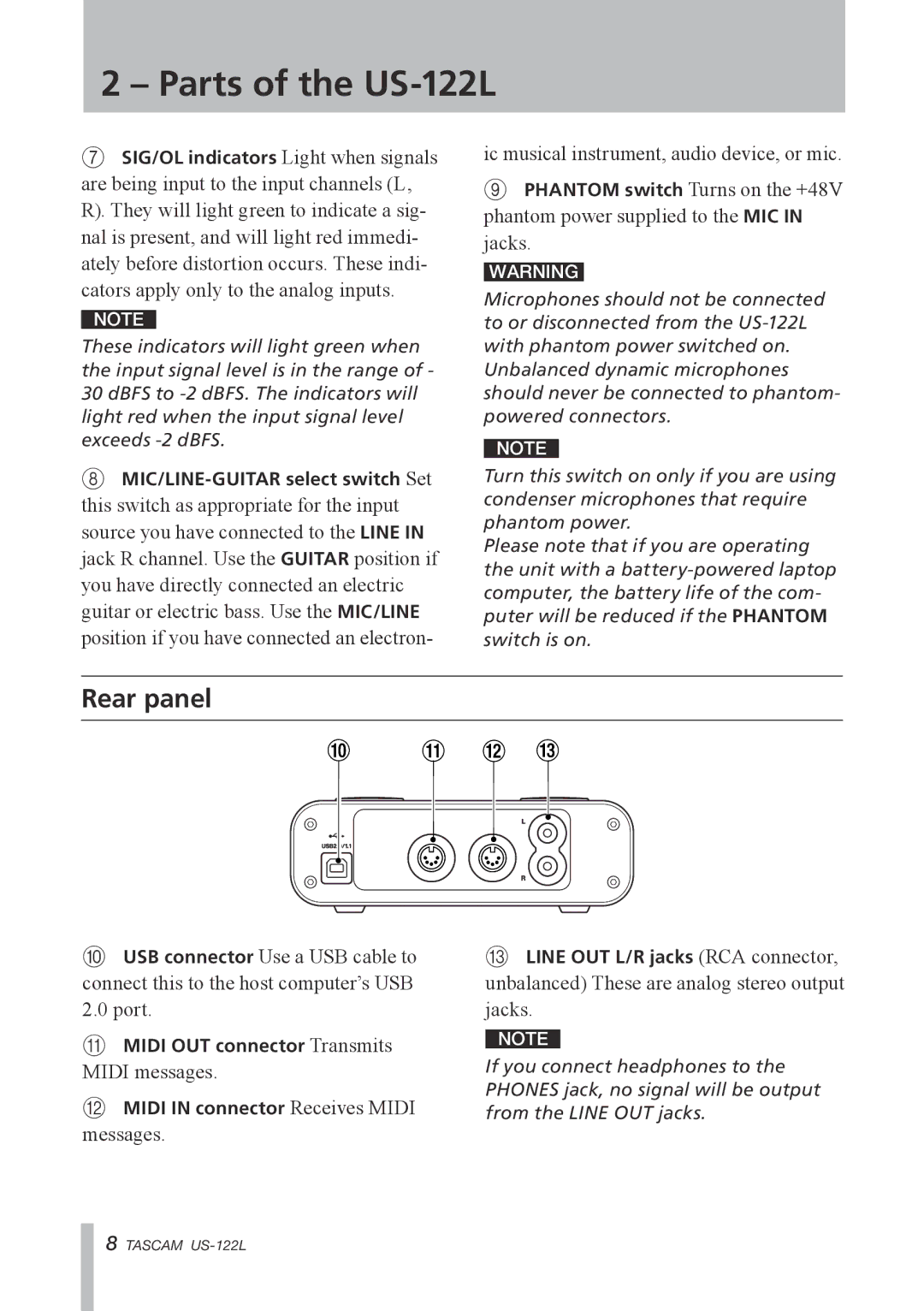 Tascam US-122L owner manual Rear panel 