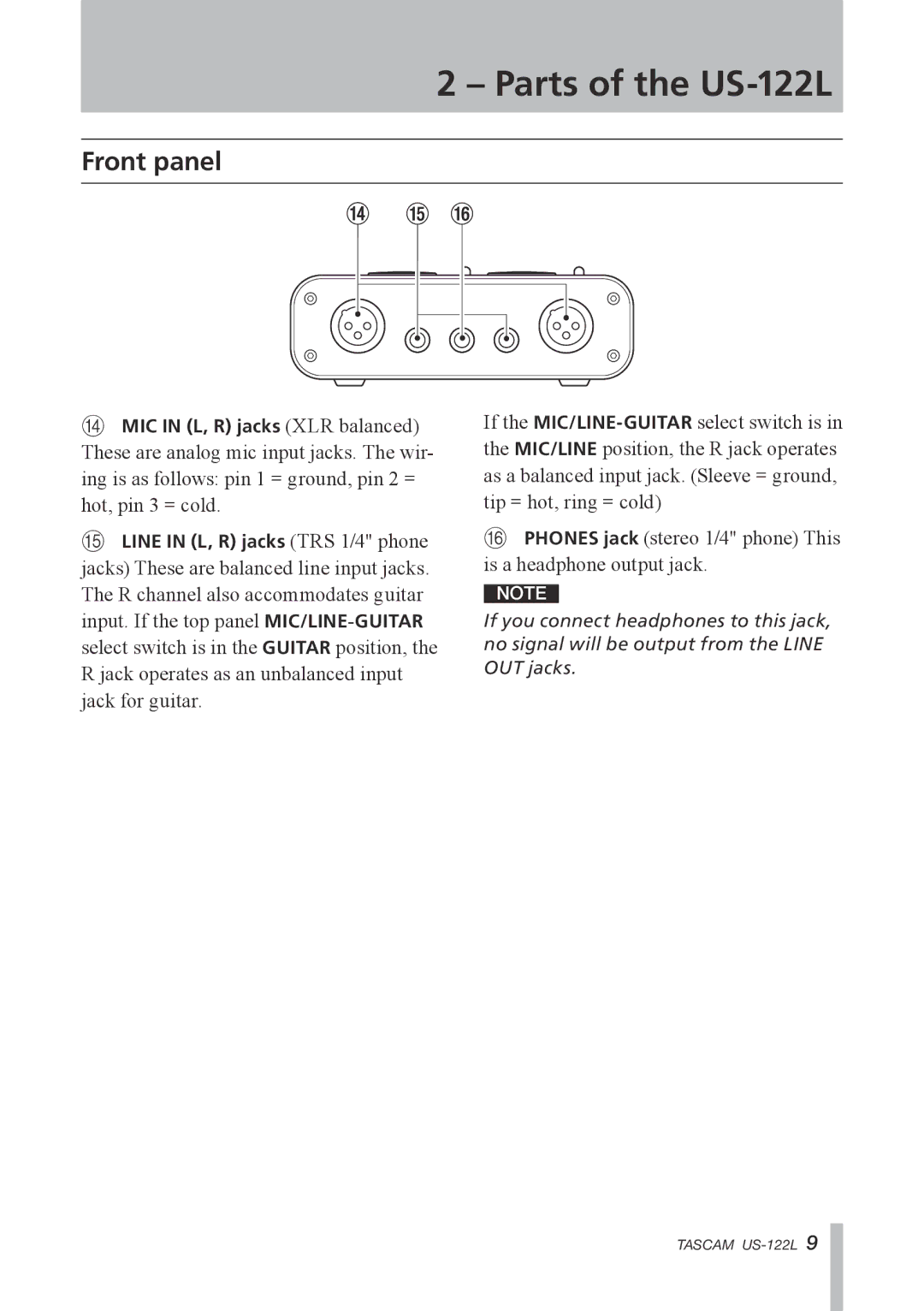 Tascam US-122L owner manual Front panel 