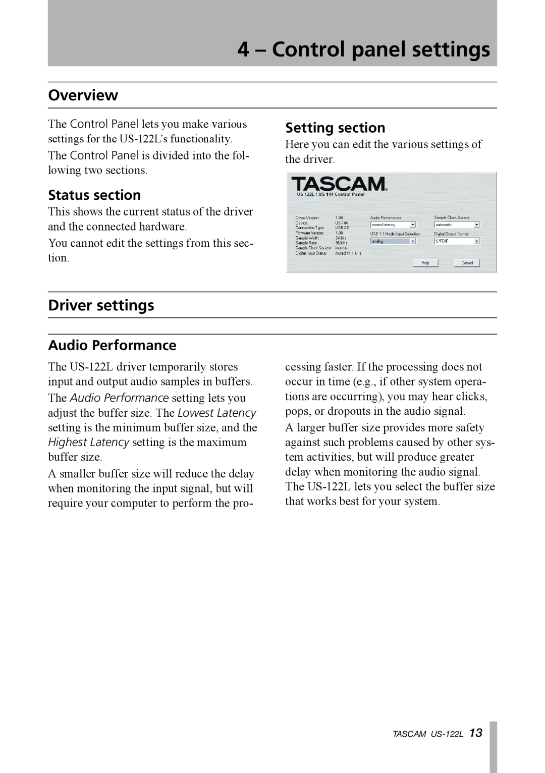 Tascam US-122L Control panel settings, Driver settings, Status section, Setting section, Audio Performance, Overview 