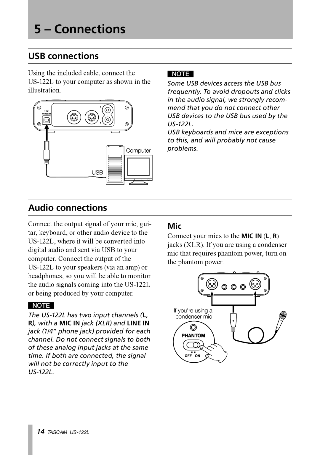 Tascam US-122L owner manual Connections, USB connections, Audio connections 