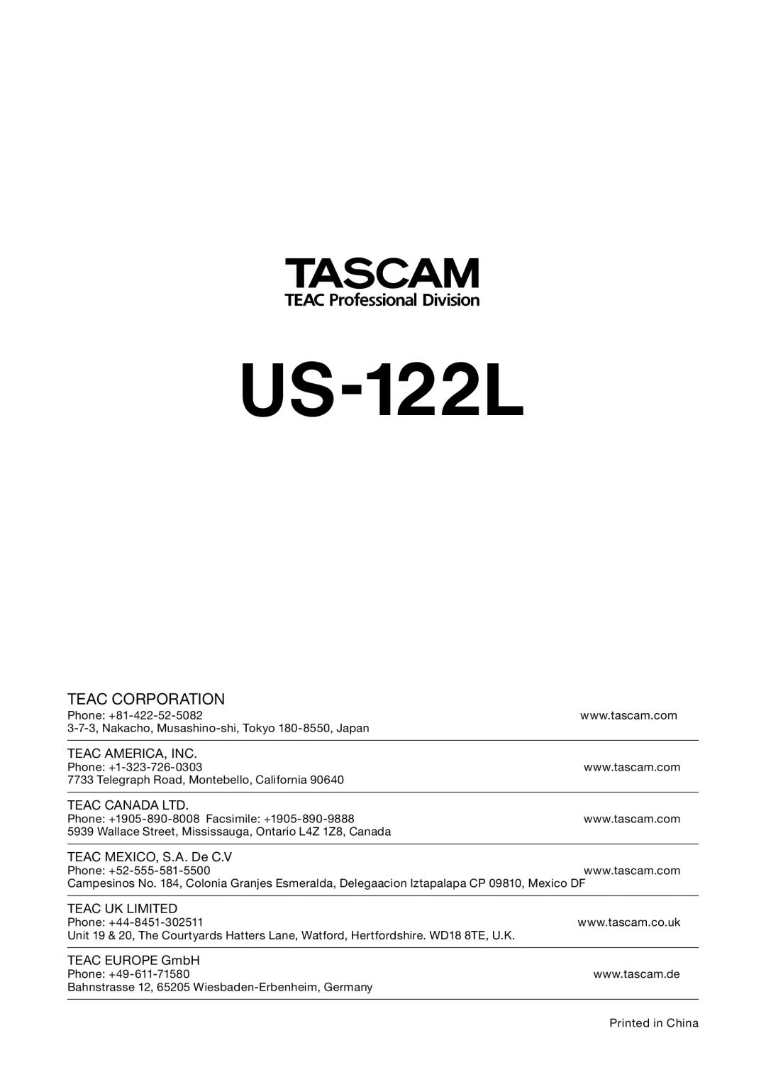 Tascam US-122L owner manual Teac Corporation 