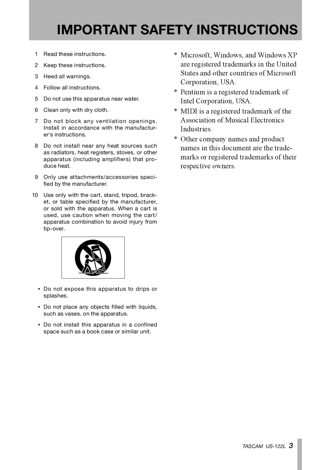 Tascam US-122L owner manual Important Safety Instructions 