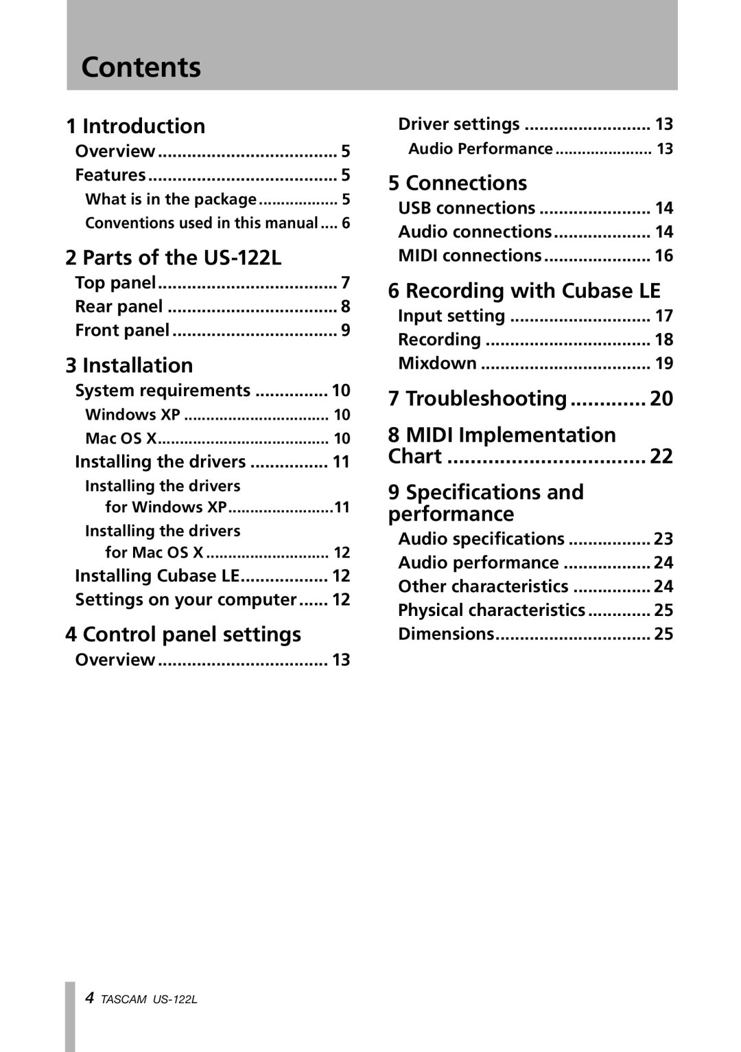 Tascam Contents, Introduction, Parts of the US-122L, Installation, Control panel settings, Connections, Chart 