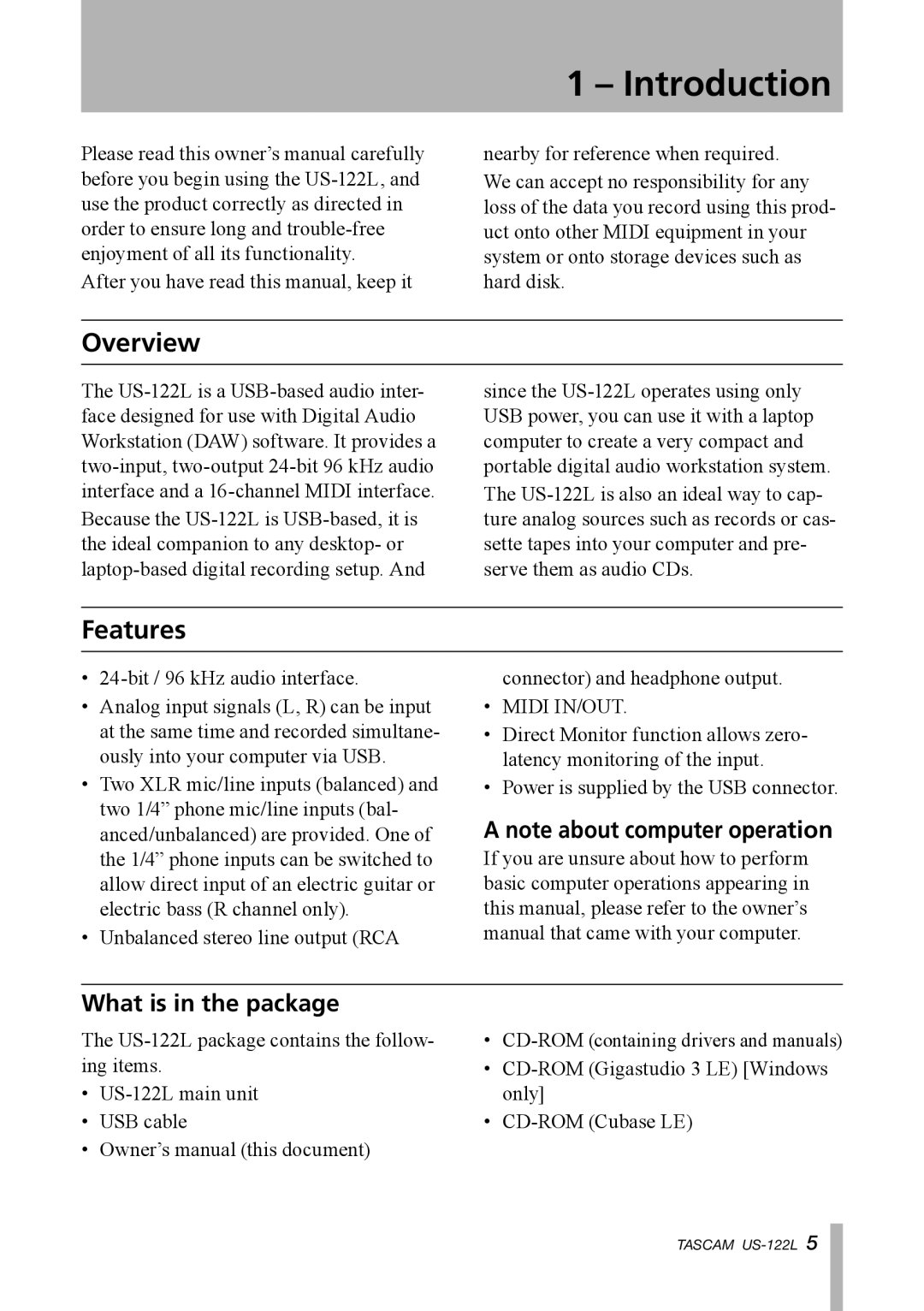Tascam US-122L owner manual Introduction, Overview, Features, A note about computer operation, What is in the package 