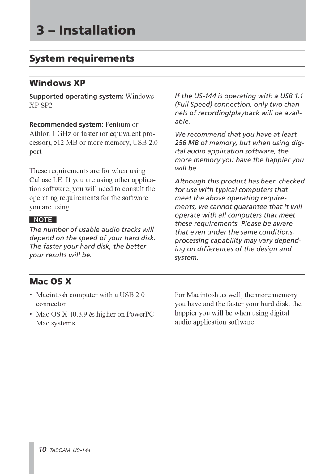 Tascam US-144 manual Installation, System requirements, Windows XP, Mac OS 