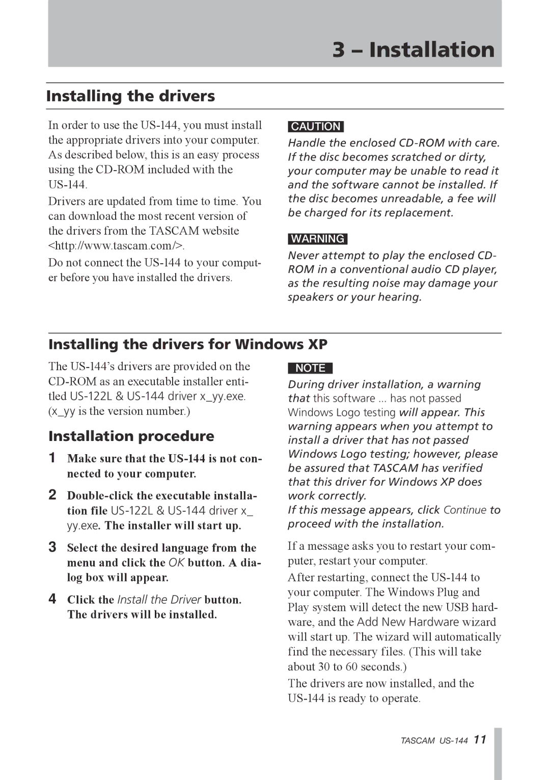 Tascam US-144 manual Installing the drivers for Windows XP, Installation procedure 