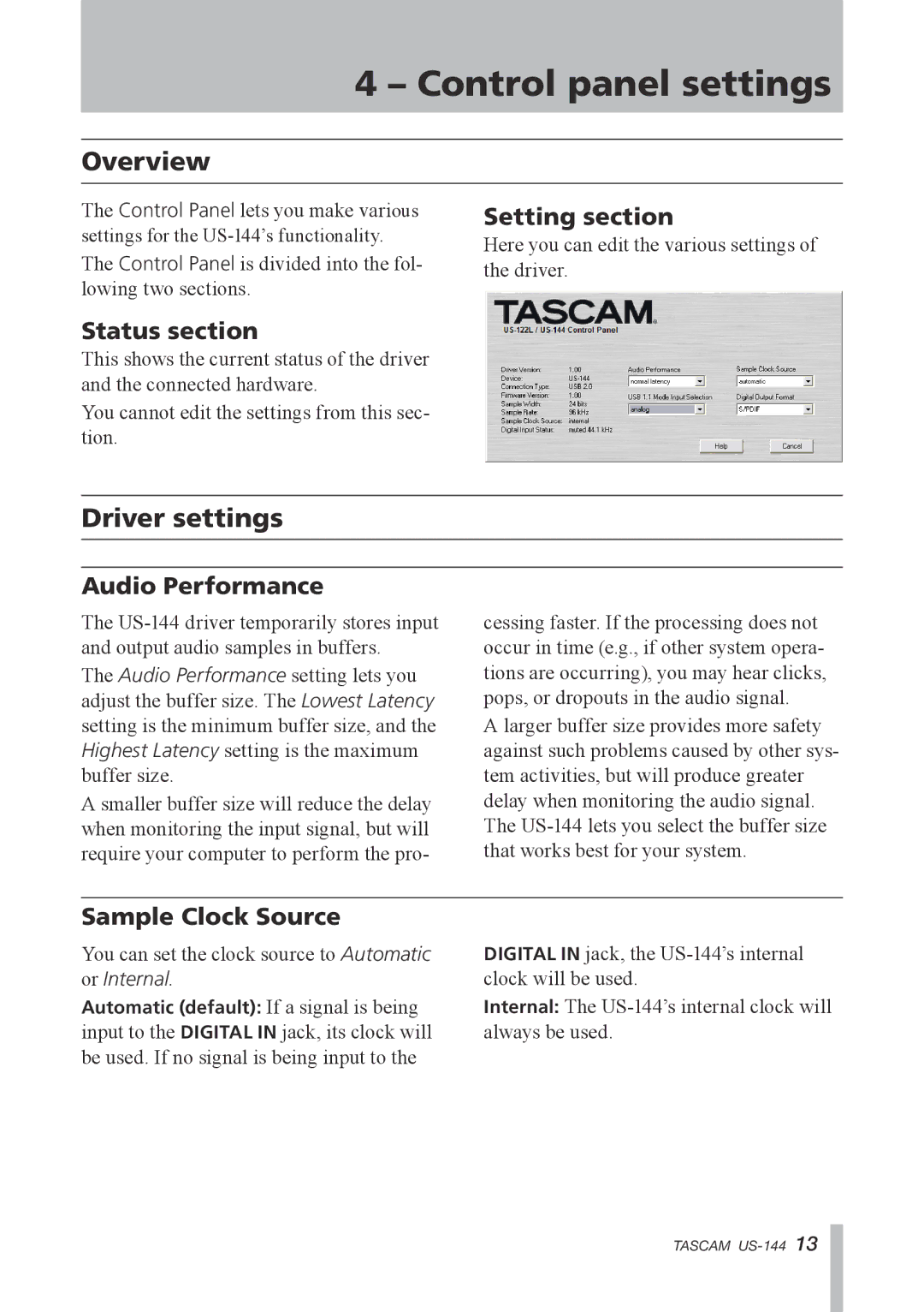 Tascam US-144 manual Control panel settings, Driver settings 