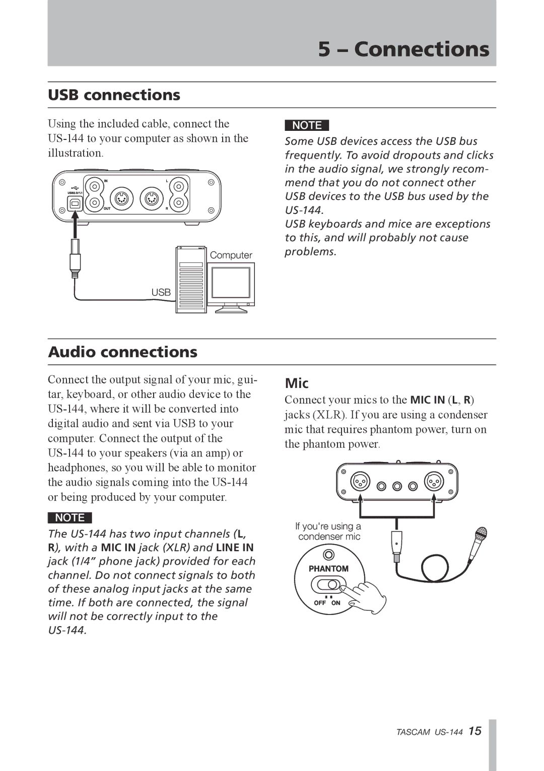 Tascam US-144 manual Connections, USB connections, Audio connections, Mic 