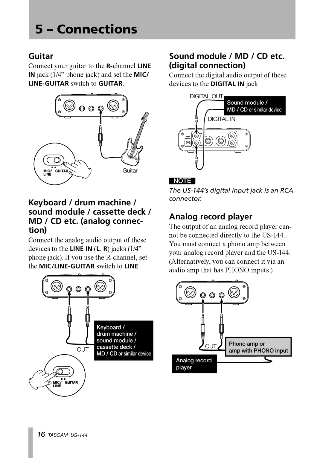 Tascam US-144 manual Guitar, Sound module / MD / CD etc. digital connection, Analog record player 