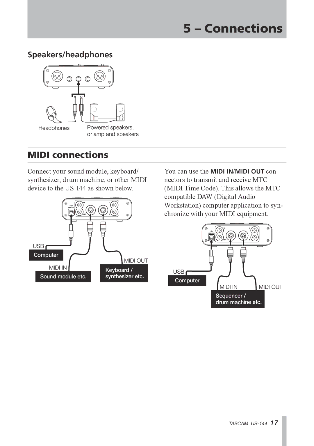 Tascam US-144 manual Midi connections, Speakers/headphones 