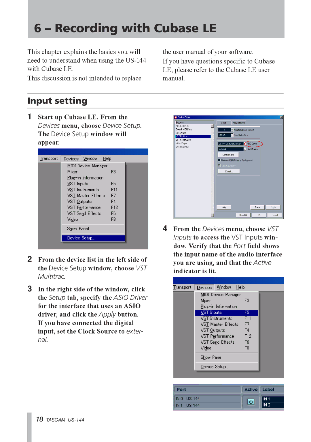 Tascam US-144 manual Recording with Cubase LE, Input setting 