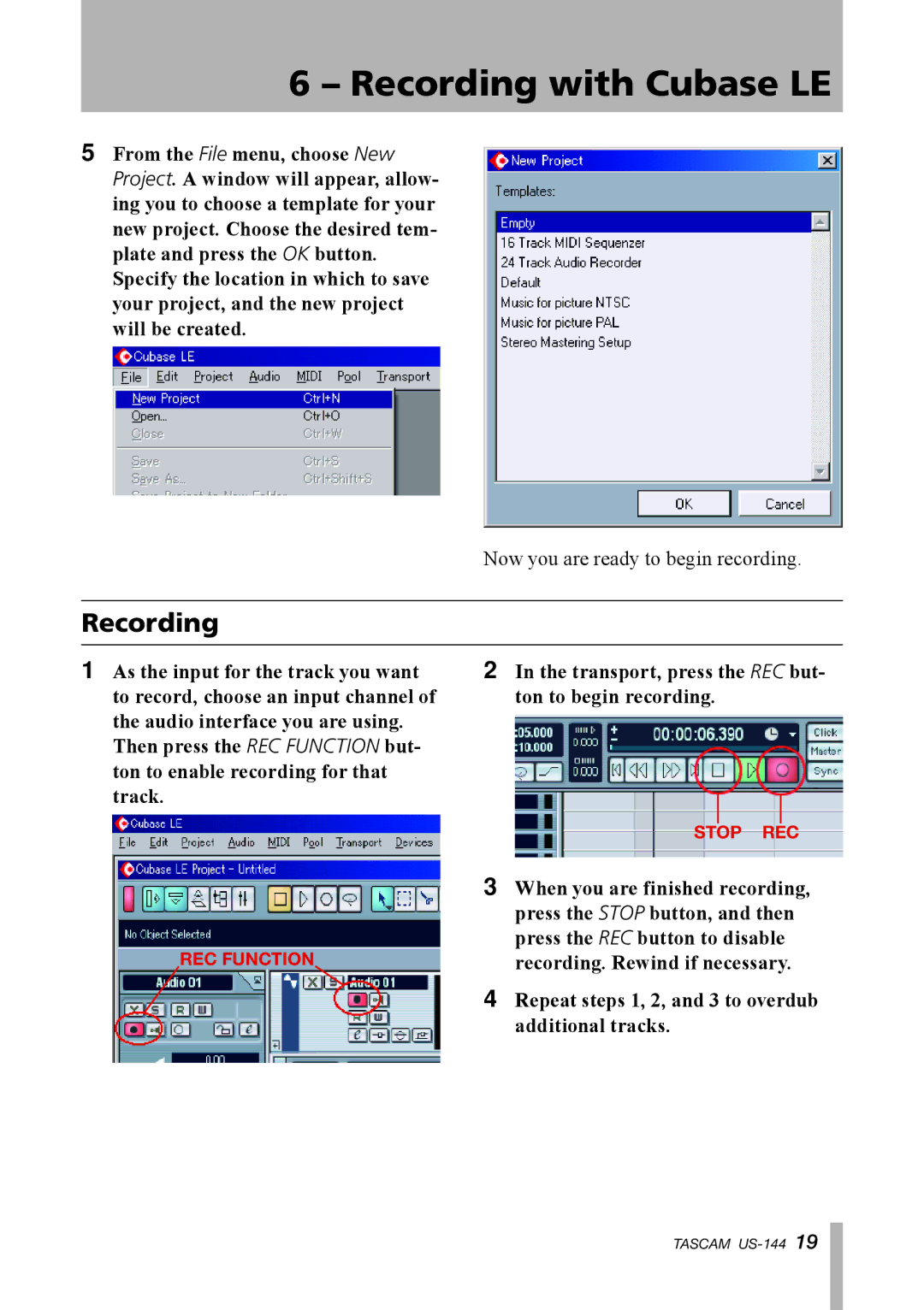 Tascam US-144 manual Recording 