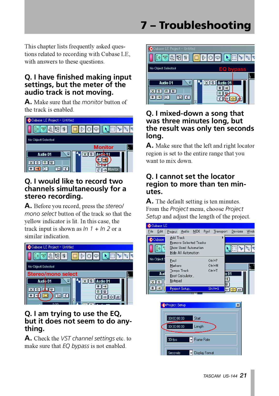 Tascam US-144 manual Troubleshooting, Cannot set the locator region to more than ten min- utes 