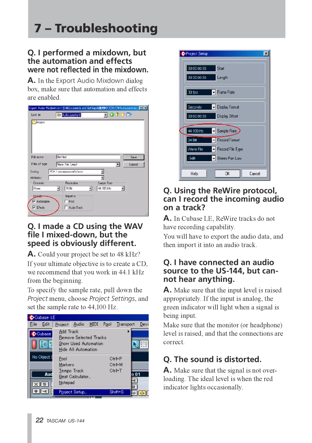 Tascam US-144 manual Sound is distorted 